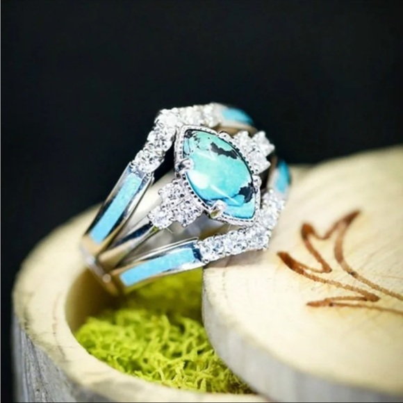 New 3pcs/set  Turquoise   Exquisite Moissanite Anniversary Party Ring - Picture 10 of 16